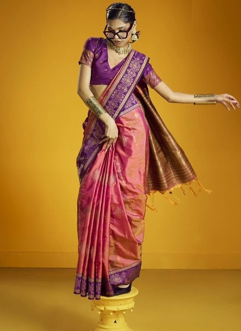 peach pure silk handloom weaving festival wear saree