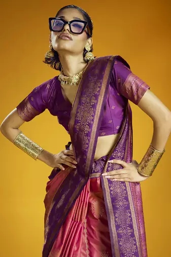peach pure silk handloom weaving festival wear saree