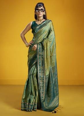 olive pure silk handloom weaving festival wear saree 1