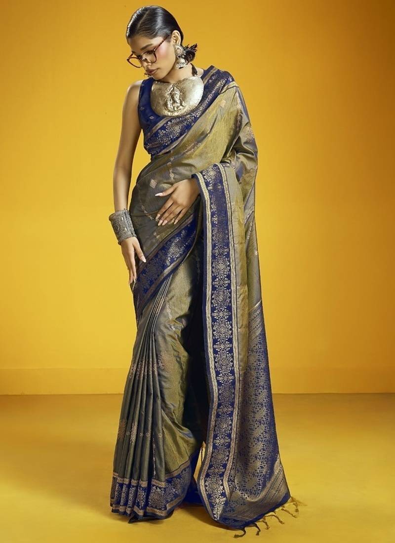 gray pure silk handloom weaving festival wear saree