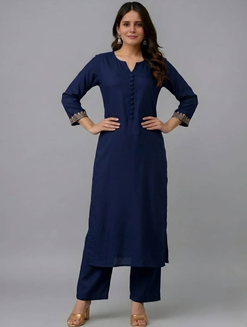 Navy embroidered rayon kurta set