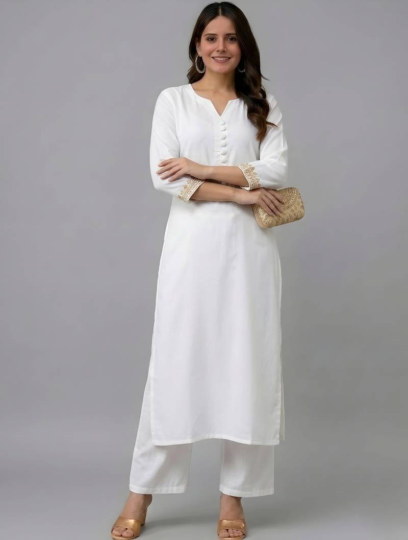 White embroidered rayon kurta set