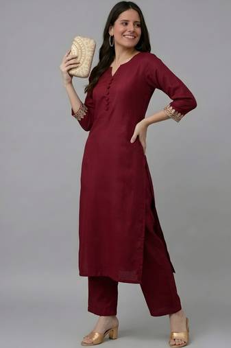 Maroon embroidered rayon kurta set
