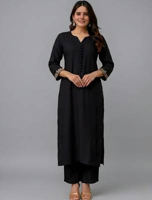 Black embroidered rayon kurta set 3