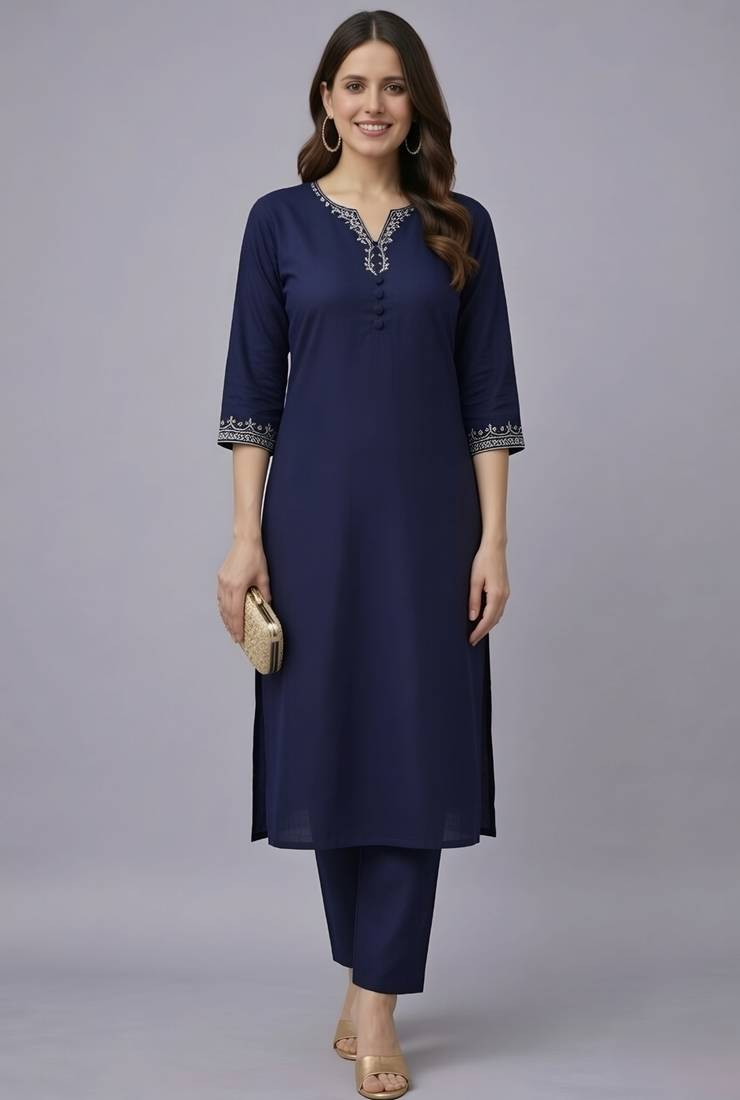 Navy embroidered rayon kurta set