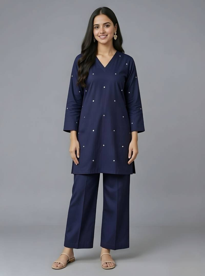 Navy embroidered rayon kurta set