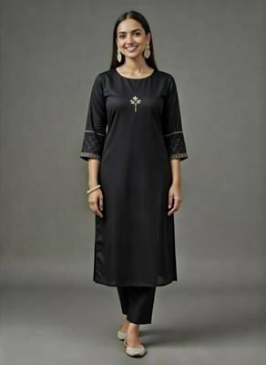 Black embroidered rayon kurta set 3