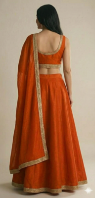 burnt orange silk designer lehenga set with gold border dupatta 2