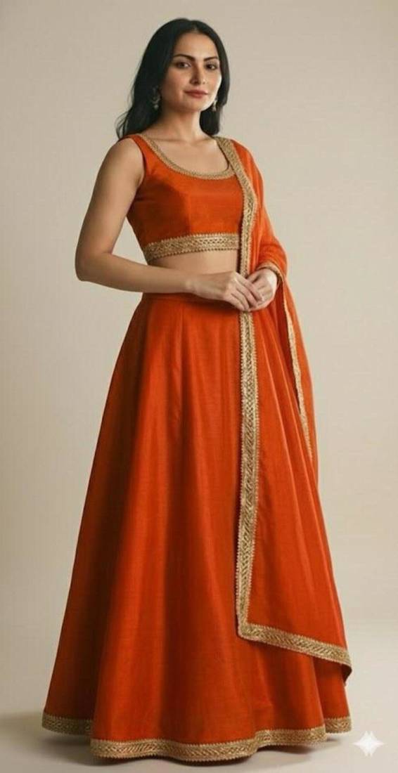 burnt orange silk designer lehenga set with gold border dupatta