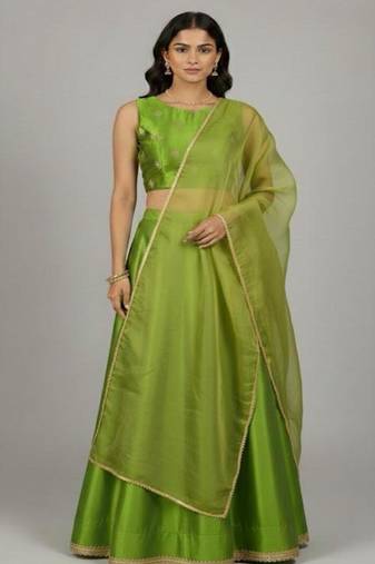 lime green festive silk lehenga choli set for women