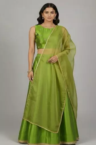 lime green festive silk lehenga choli set for women