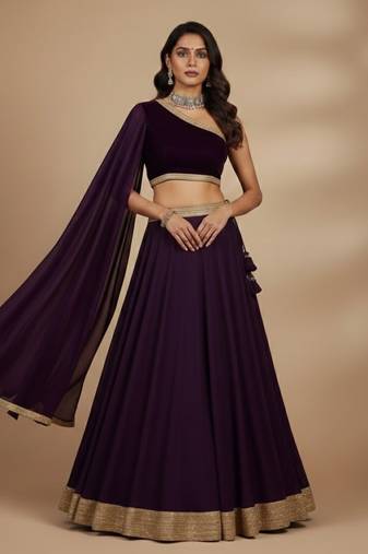 deep plum velvet one shoulder lehenga set with dupatta