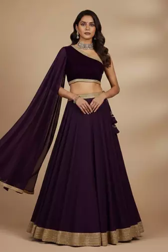 deep plum velvet one shoulder lehenga set with dupatta