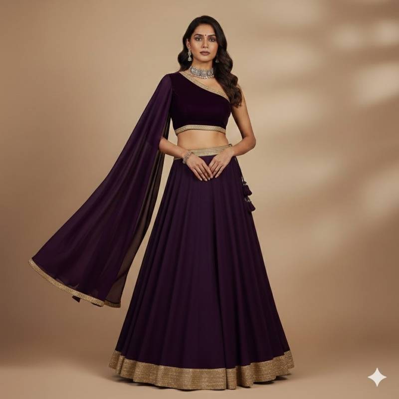 deep plum velvet one shoulder lehenga set with dupatta
