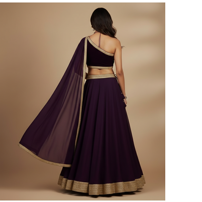 deep plum velvet one shoulder lehenga  2