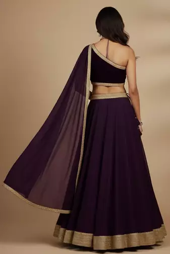 deep plum velvet one shoulder lehenga 