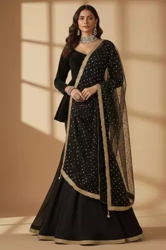 black designer georgette lehenga choli with gold polka dupatta