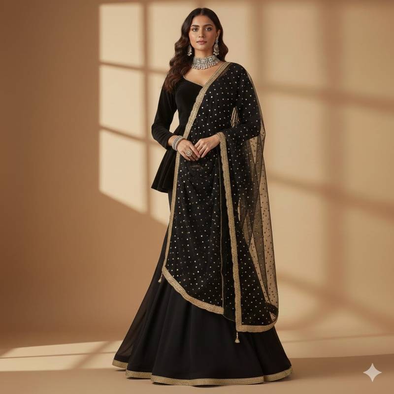 black designer georgette lehenga choli with gold polka dupatta