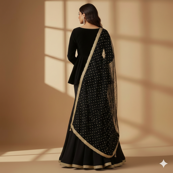 black designer georgette lehenga choli with gold polka dupatta 2