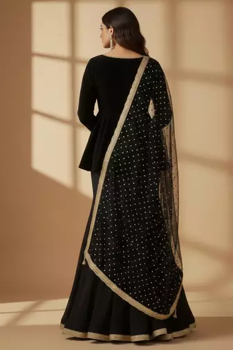 black designer georgette lehenga choli with gold polka dupatta