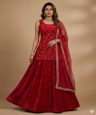 red velvet embroidered lehenga choli set with sheer dupatta 2