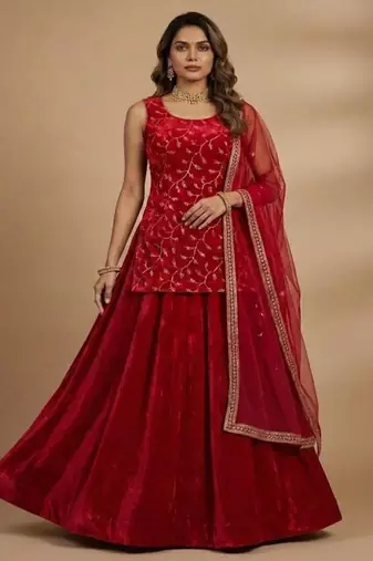 red velvet embroidered lehenga choli set with sheer dupatta