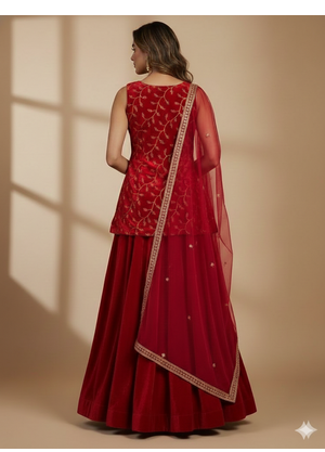 red velvet embroidered lehenga choli set with sheer dupatta 3