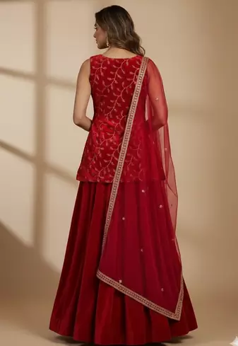 red velvet embroidered lehenga choli set with sheer dupatta
