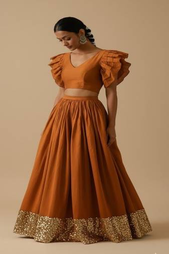 rust orange art silk lehenga set with ruffle sleeve blouse