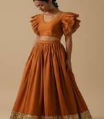 rust orange art silk lehenga set with ruffle sleeve blouse