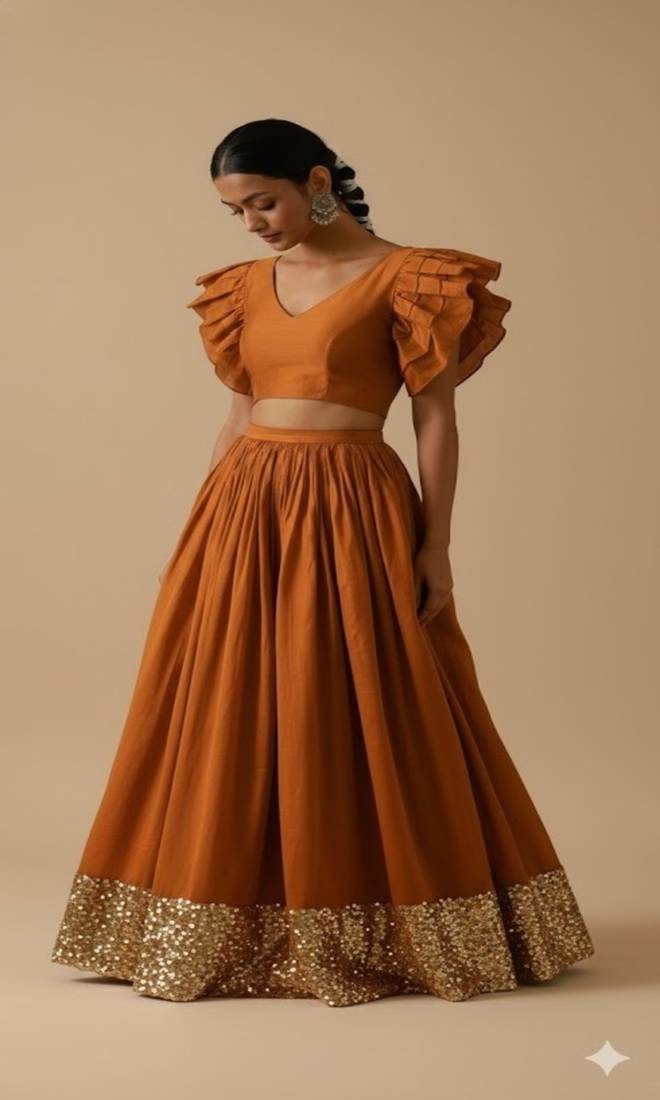 rust orange art silk lehenga set with ruffle sleeve blouse