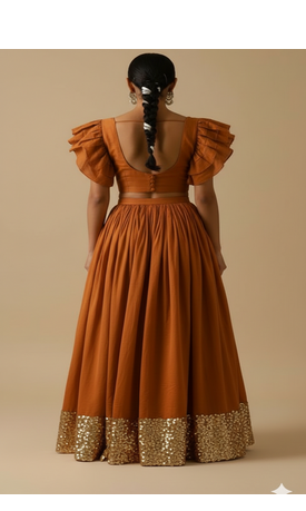 rust orange art silk lehenga set with ruffle sleeve blouse 2