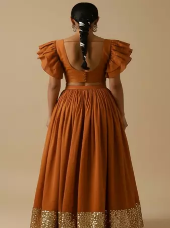 rust orange art silk lehenga set with ruffle sleeve blouse