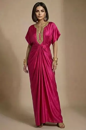 Pink embroidered satin silk kaftan