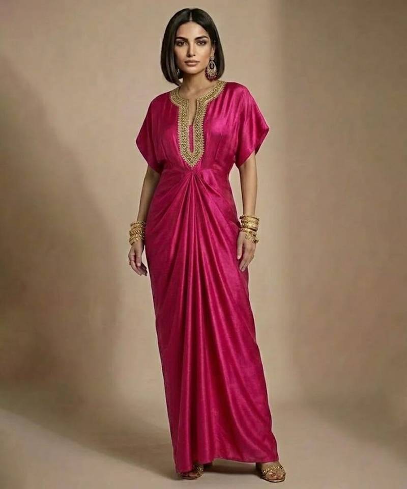Pink embroidered satin silk kaftan