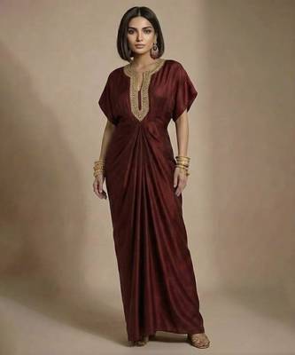 Brown embroidered Raw silk kaftan 1