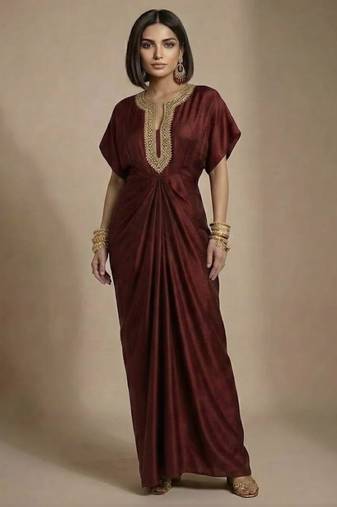Brown embroidered satin silk kaftan