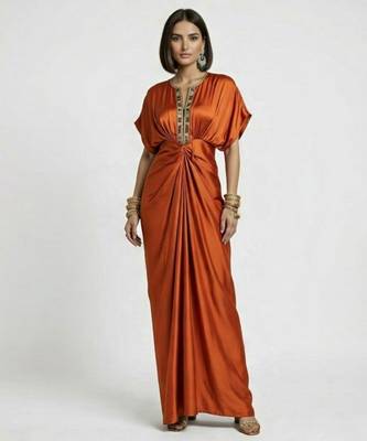 Rust orange embroidered satin silk kaftan 1