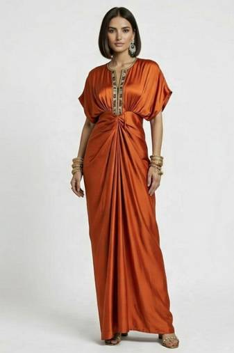 Rust orange embroidered satin silk kaftan