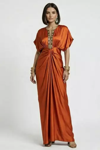 Rust orange embroidered satin silk kaftan