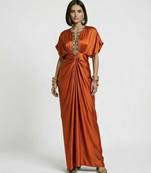 Rust orange embroidered satin silk kaftan