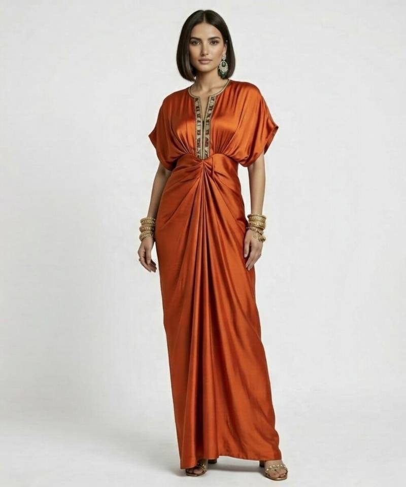 Rust orange embroidered satin silk kaftan