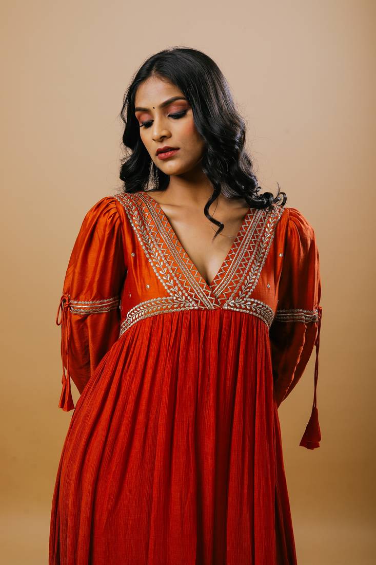 Orange chanderi embroidered kurta sets