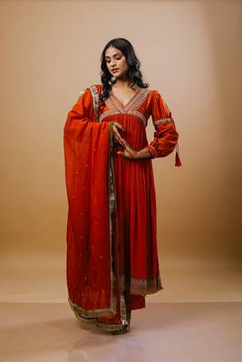 Orange chanderi embroidered kurta sets 4