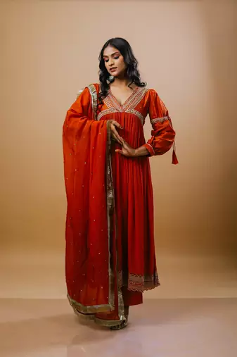 Orange chanderi embroidered kurta sets