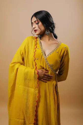 Mustard crepe embroidered kurta sets