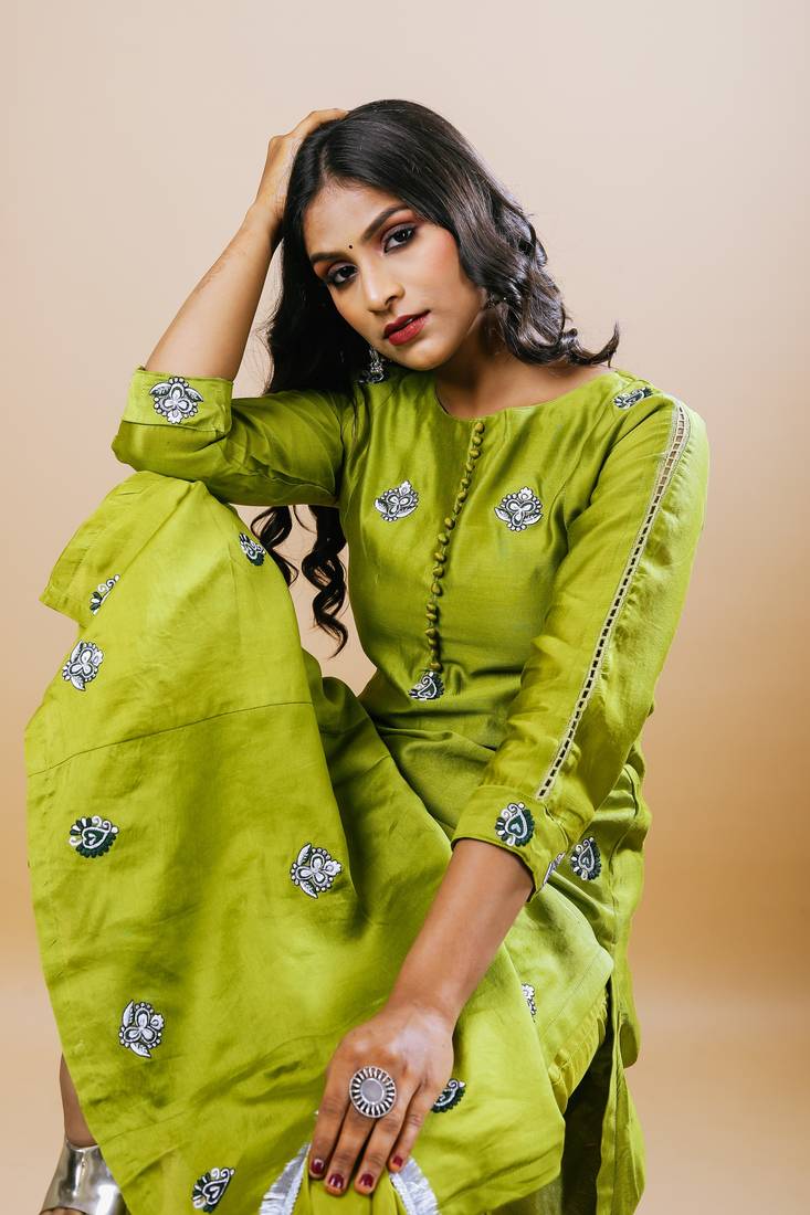 Green chanderi embroidered kurta sets