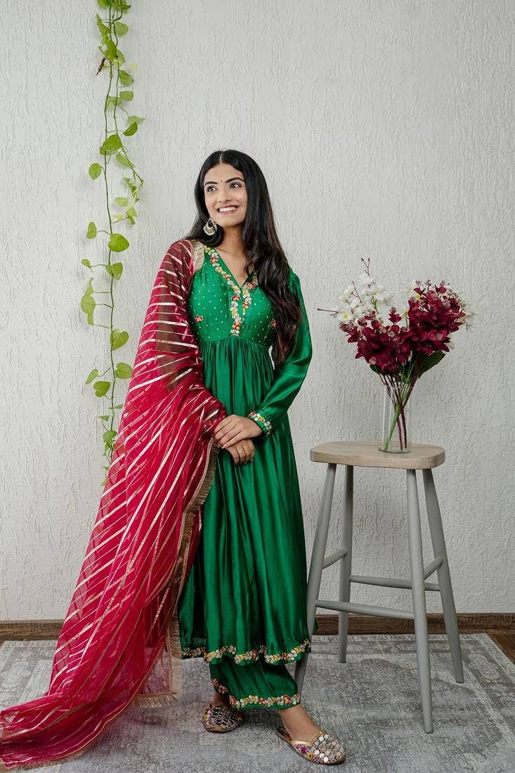 Green chanderi embroidered kurta sets