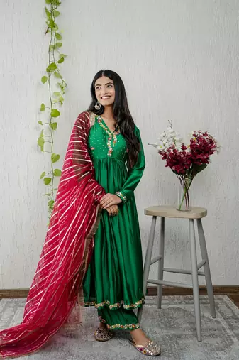 Green chanderi embroidered kurta sets