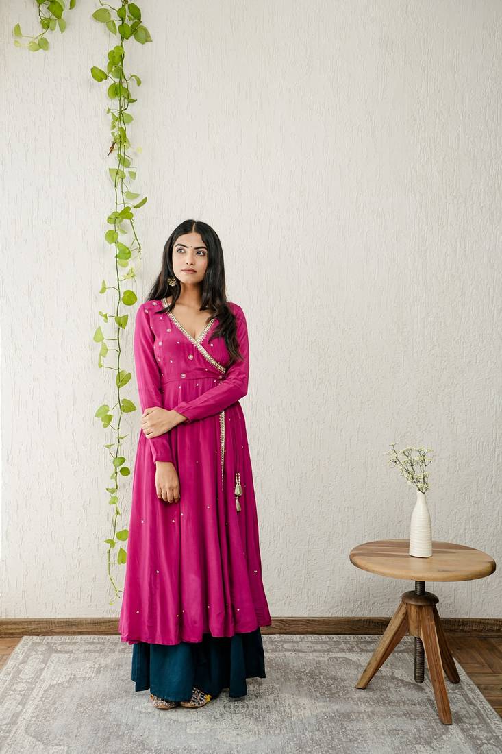 Wine crepe embroidered kurta sets